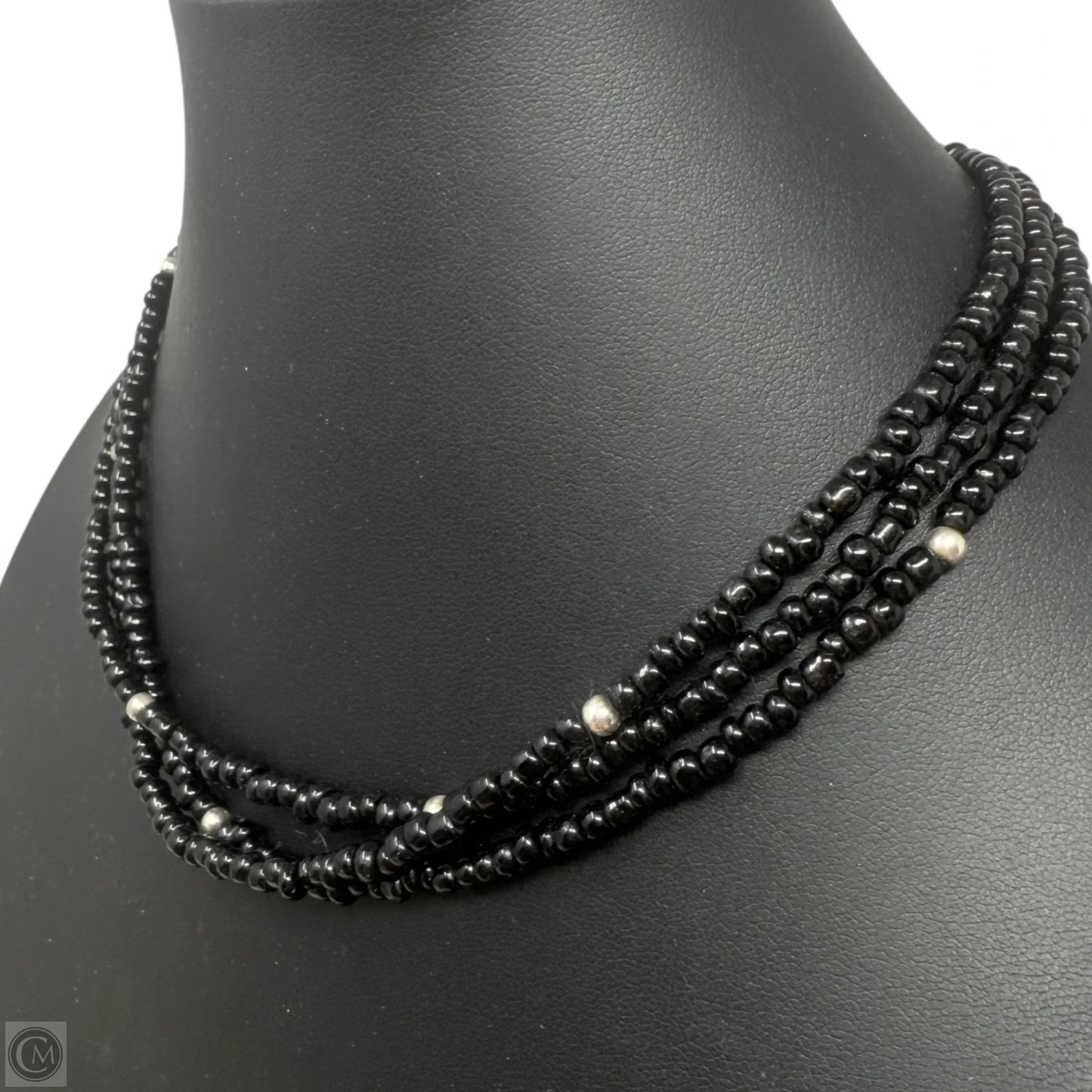 Triple Strand Sterling Silver & Black Glass Beaded Necklace By Silpada