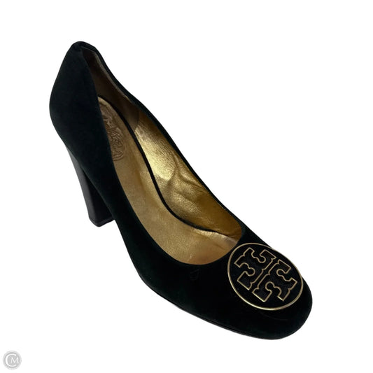 AS IS Velvet Logo Heel Shoes Designer By Tory Burch In Black & Gold, Size: 8