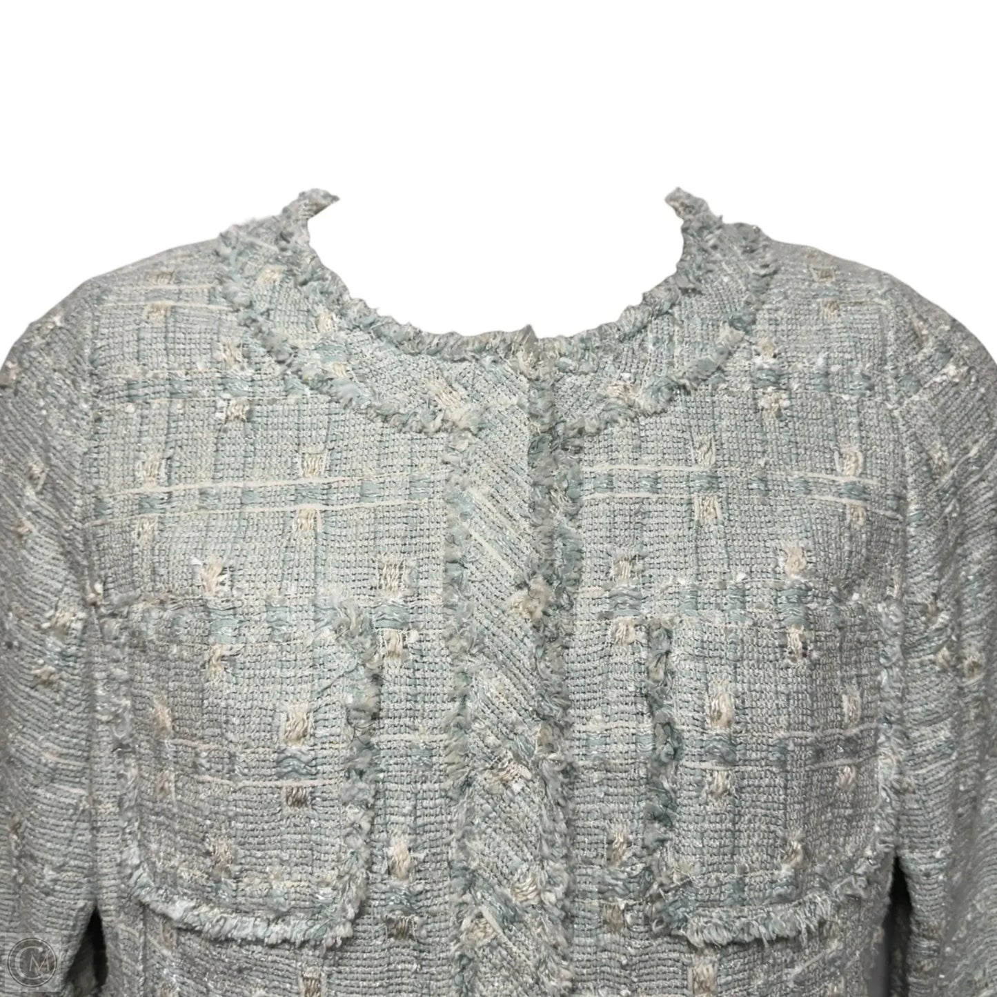 Tweed Blazer Designer By Lafayette 148 In Blue & Cream, Size: 12