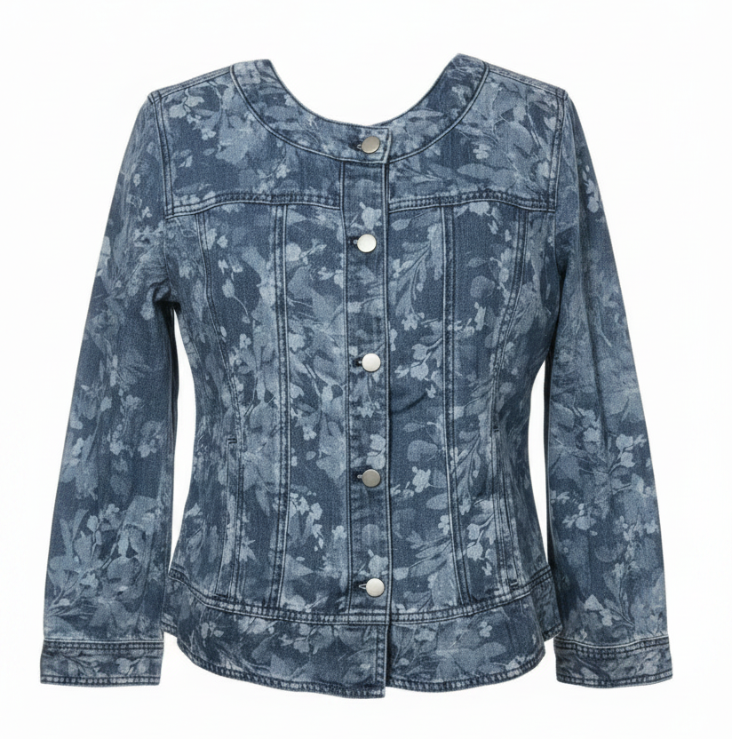 Jacket Denim By Chicos In Floral Print, Size: L