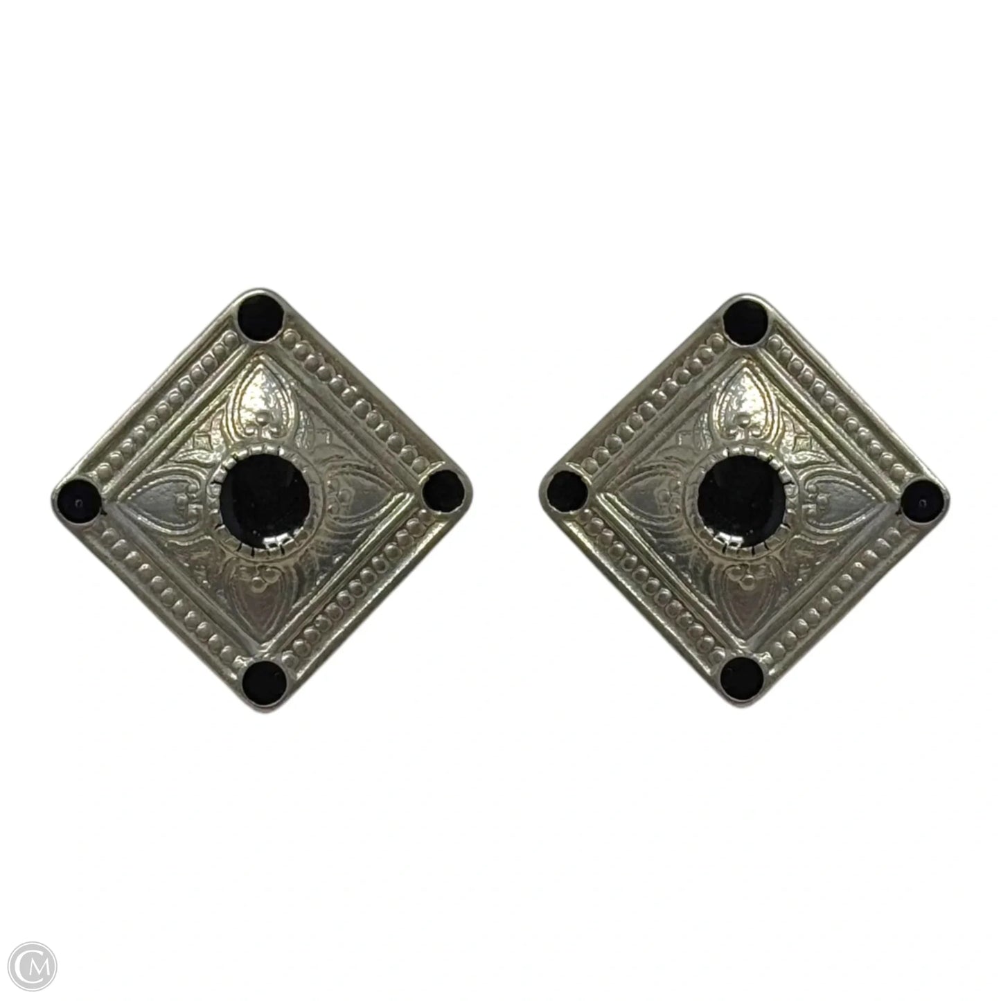 Black & Silver Tone Engraved Stud Earrings