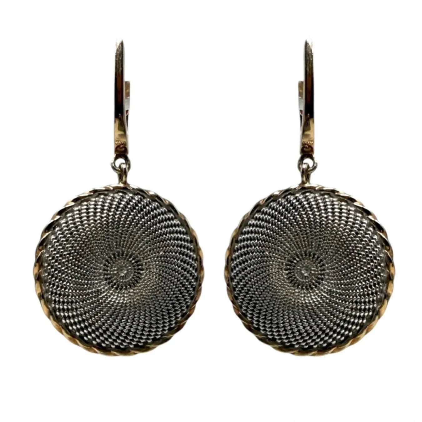 Two Tone Gold & Sterling Silver Sunburst Guilloché Drop Earrings By Breuning