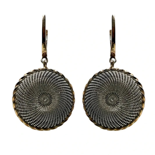Two Tone Gold & Sterling Silver Sunburst Guilloché Drop Earrings By Breuning