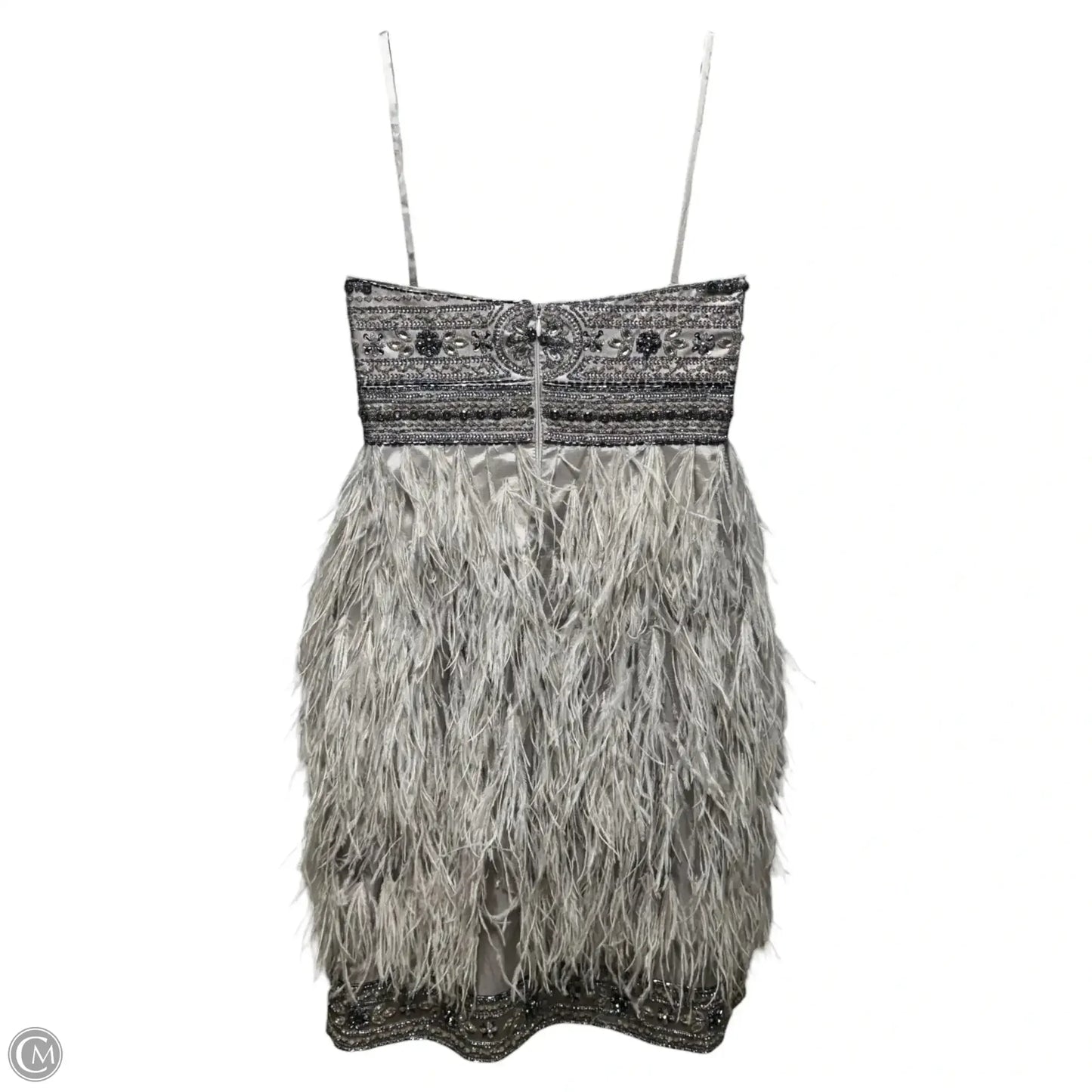 Beaded Ostrich Feather Cocktail Dress Party Short By Sue Wong Nocturne In Silver, Size: 6