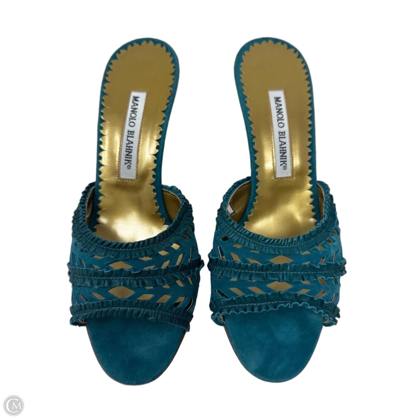 Lasercut Suede Kitten Heel Mules Luxury Designer By Manolo Blahnik In Teal, Size: 37