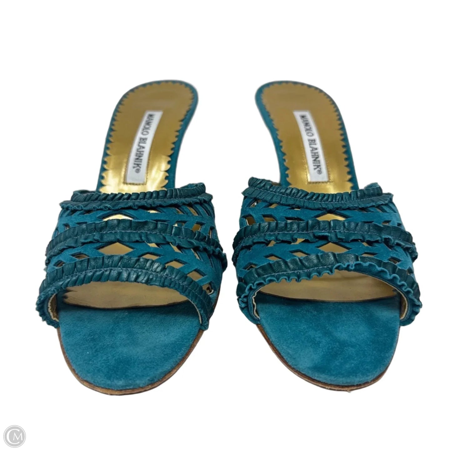 Lasercut Suede Kitten Heel Mules Luxury Designer By Manolo Blahnik In Teal, Size: 37