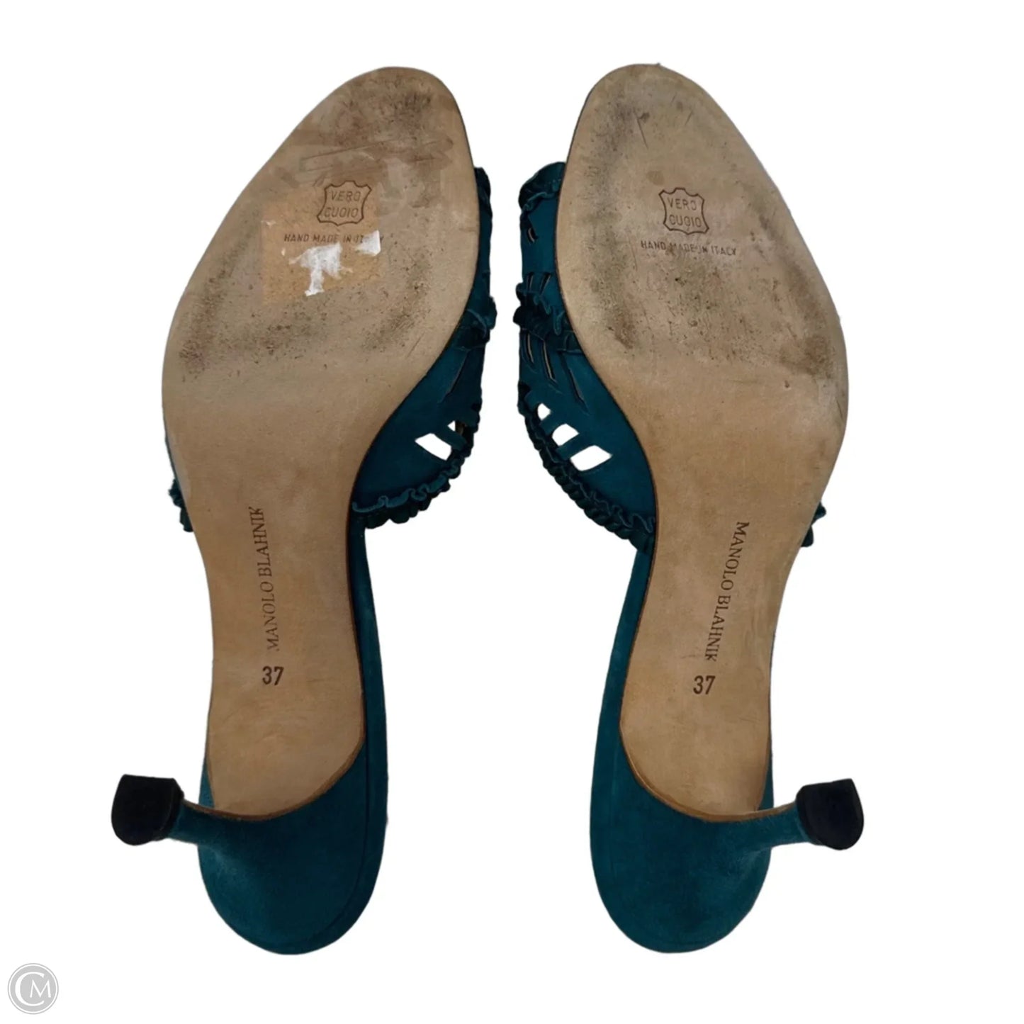 Lasercut Suede Kitten Heel Mules Luxury Designer By Manolo Blahnik In Teal, Size: 37