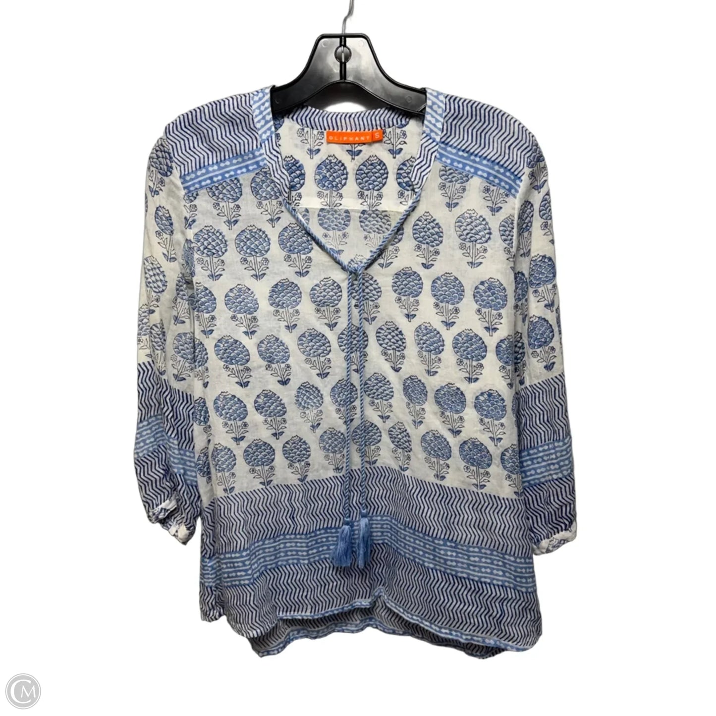 Top Long Sleeve By Oliphant In Blue & White, Size: S