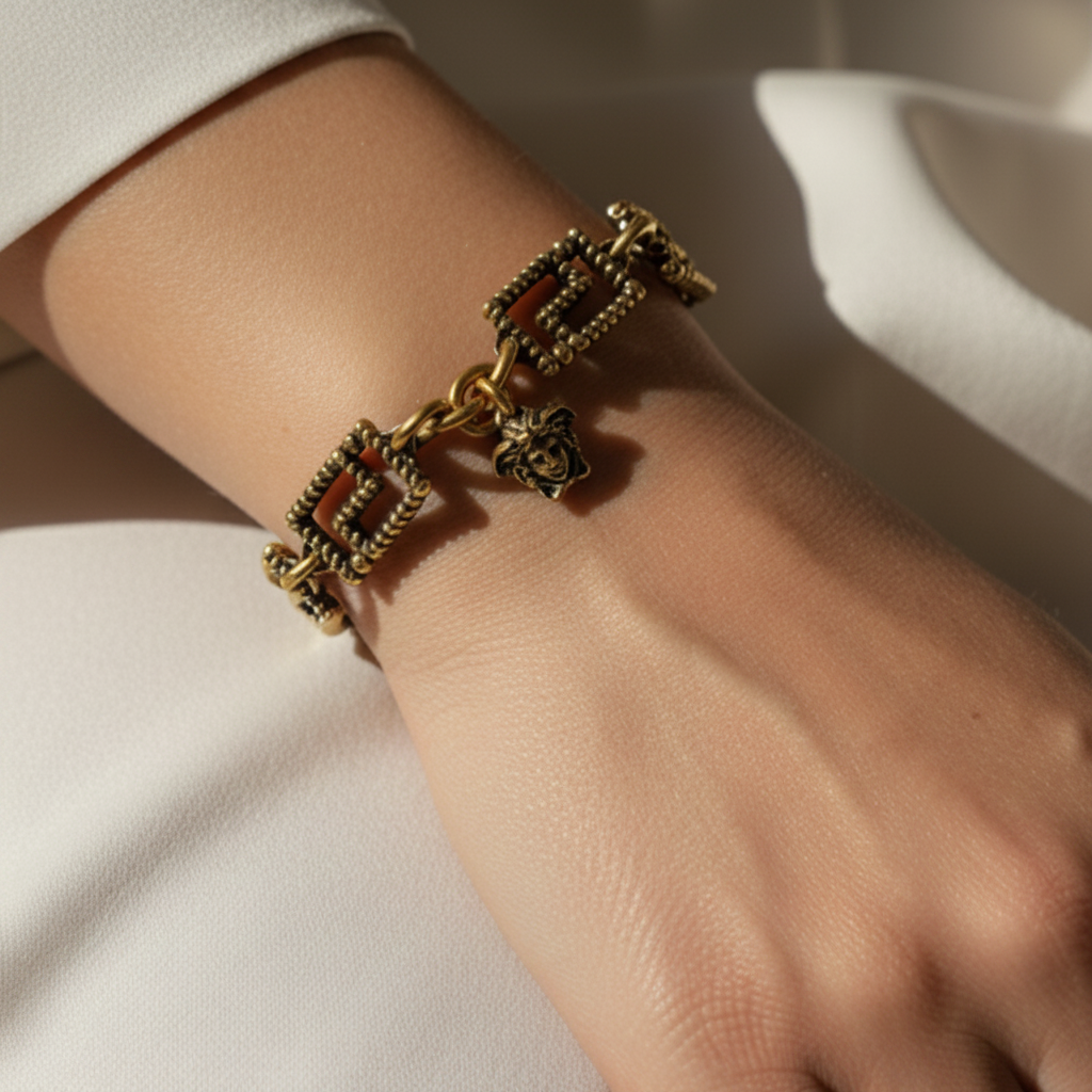 Greca Antique Gold Tone Metal Bracelet  Luxury Designer By Versace