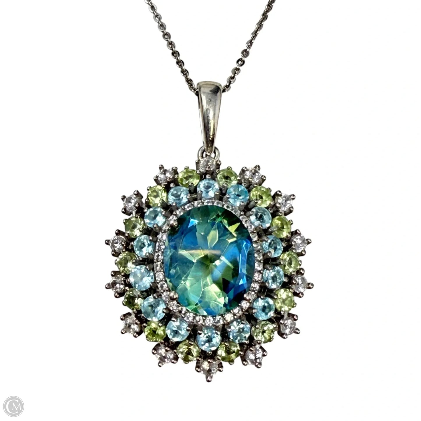 Sterling Silver & Multi-Gemstone Oval Cluster Pendant Necklace By D’Joy