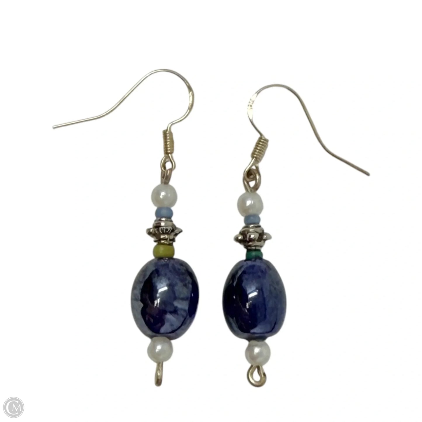 Blue & Ivory Beaded Dangle Earrings With Sterling Silver Hooks