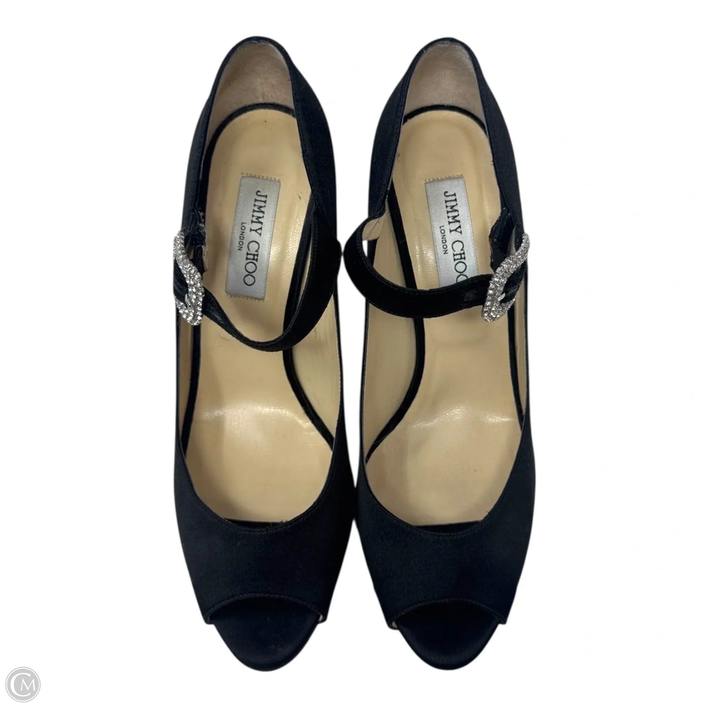 Embellished Buckle Peep Tor Heels Shoes Luxury Designer By Jimmy Choo In Black, Size: 11 (IT 41)