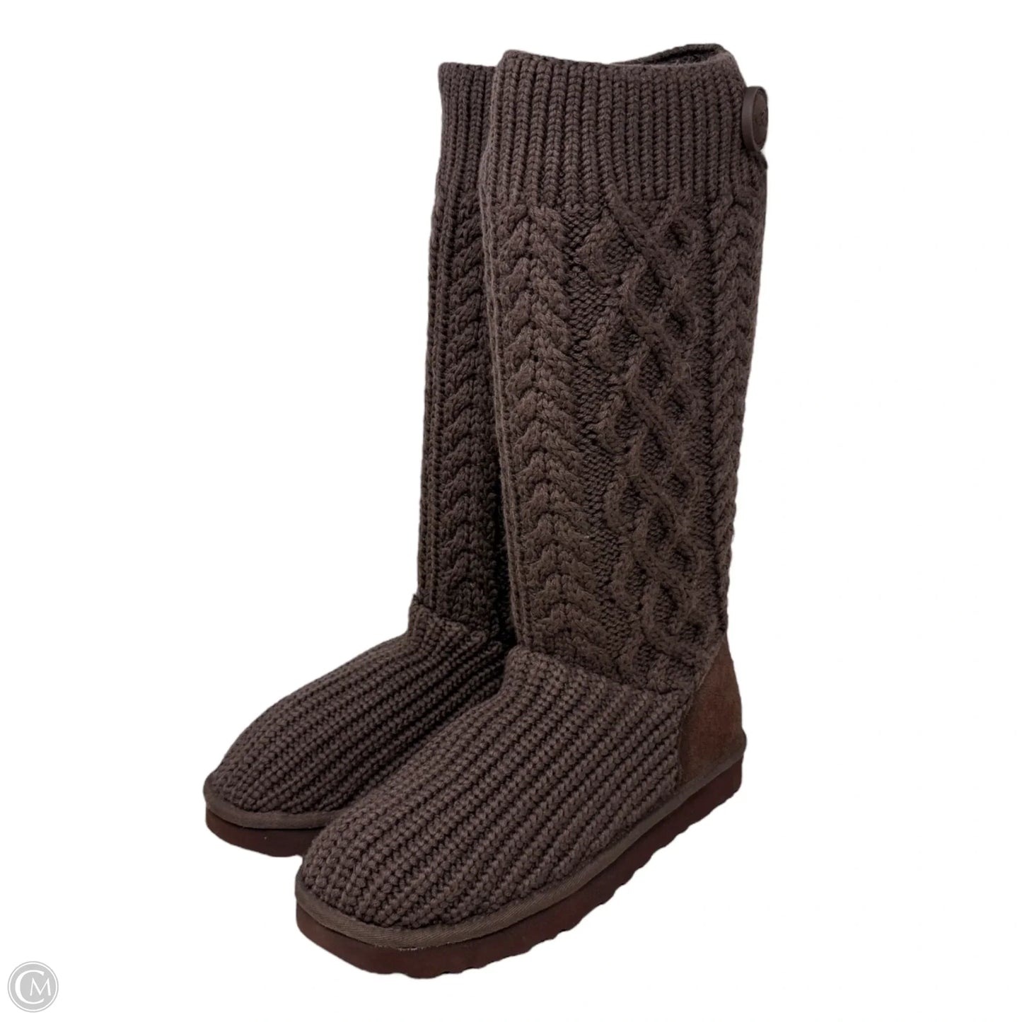 Classic Cardi Cabled Knit Boots Designer By Ugg In Brown, Size: 10