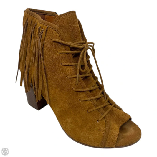 Fringe Peep Toe Boots Ankle Heels By Steve Madden In Tan, Size: 8