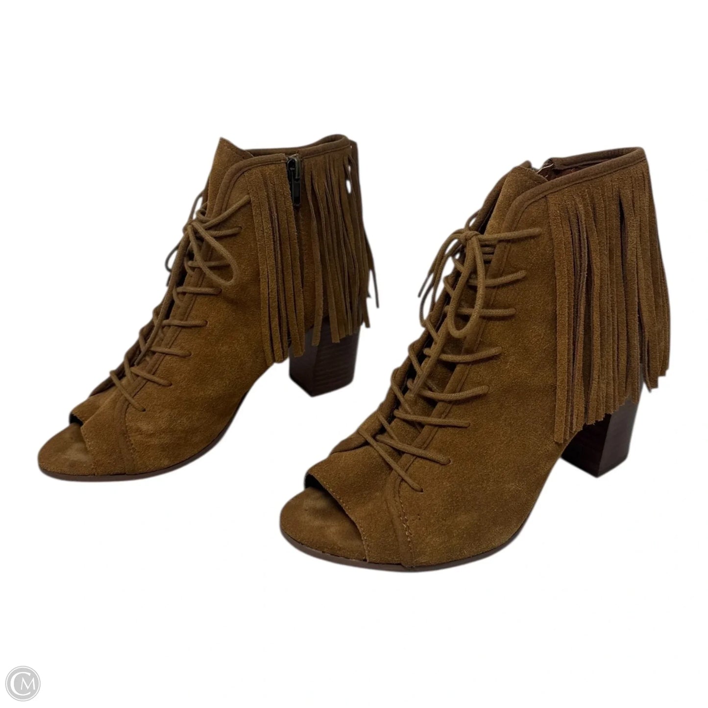Fringe Peep Toe Boots Ankle Heels By Steve Madden In Tan, Size: 8