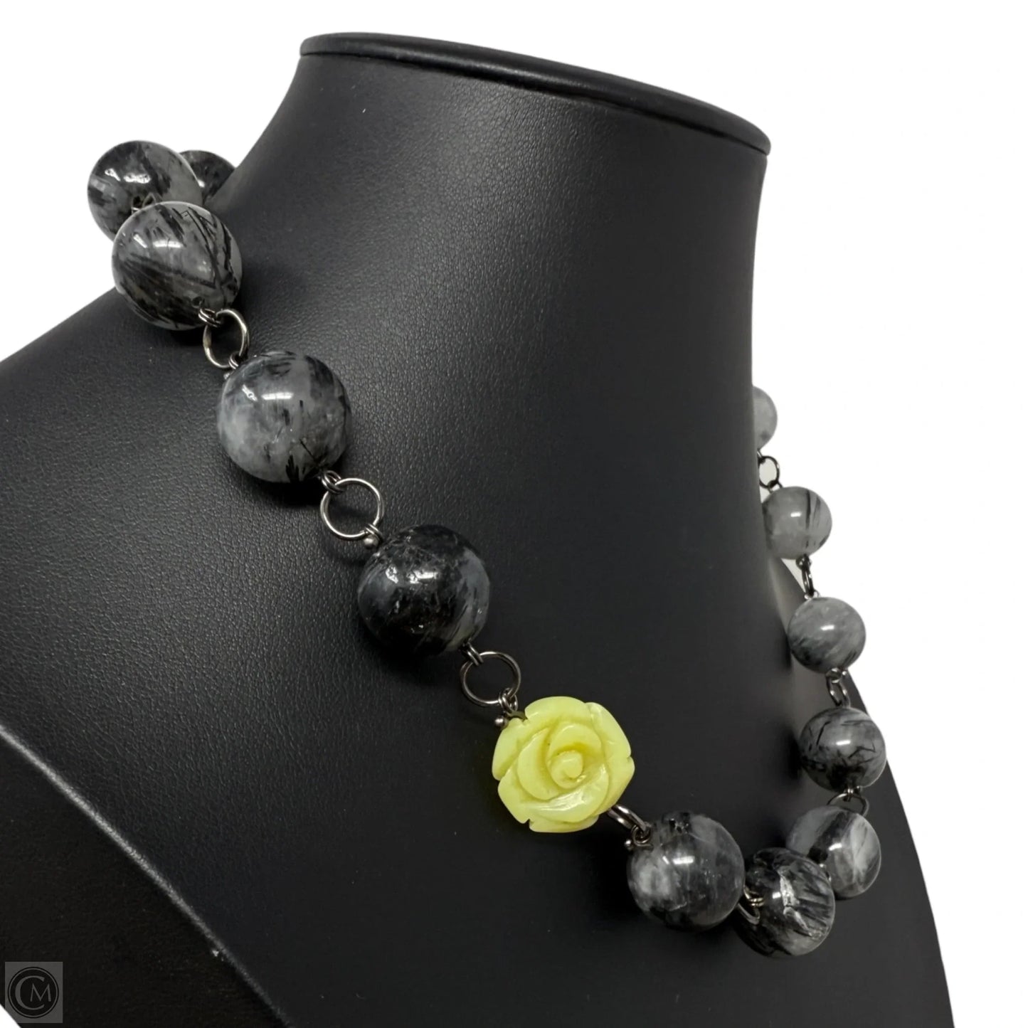Chunky Tourmalinated Quartz & Serpentine Stone Beaded Collar Necklace