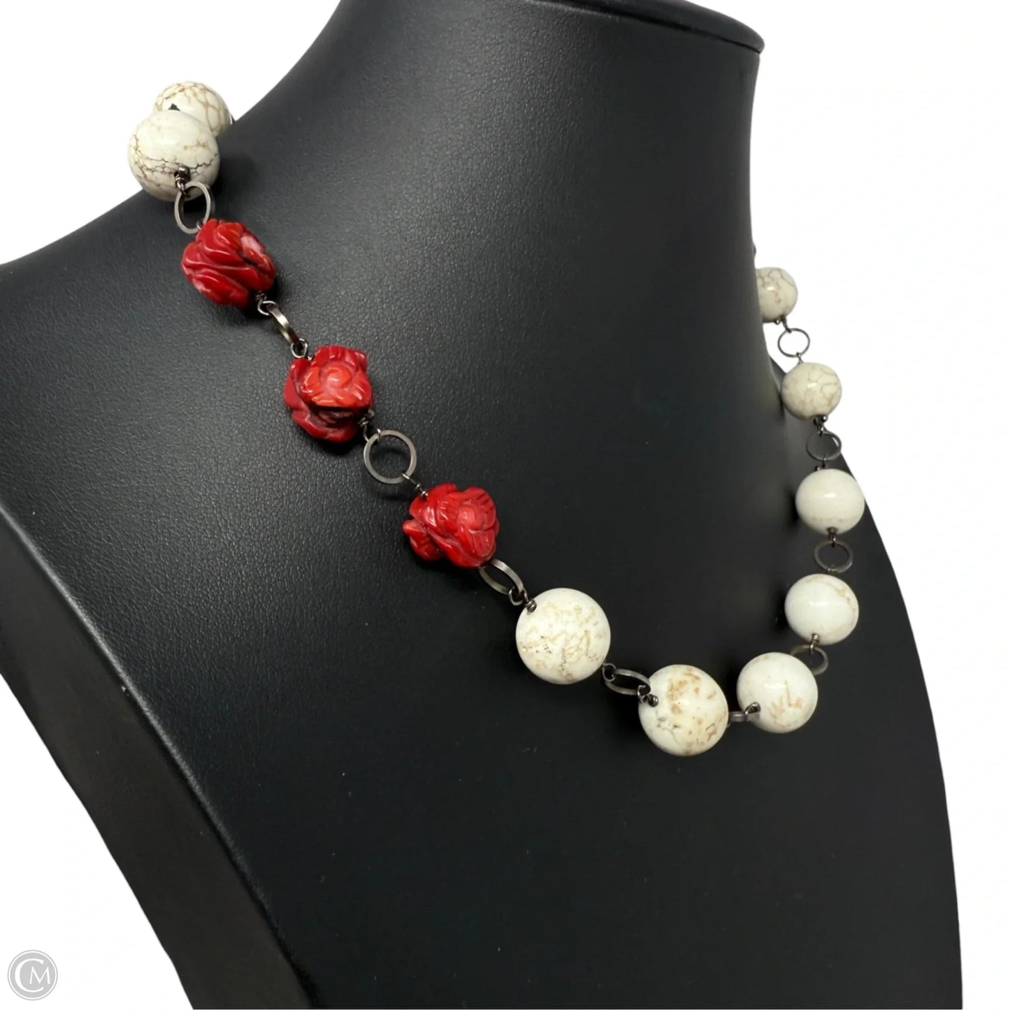 Scolecite & Carved Coral Flower Beaded Collar Necklace