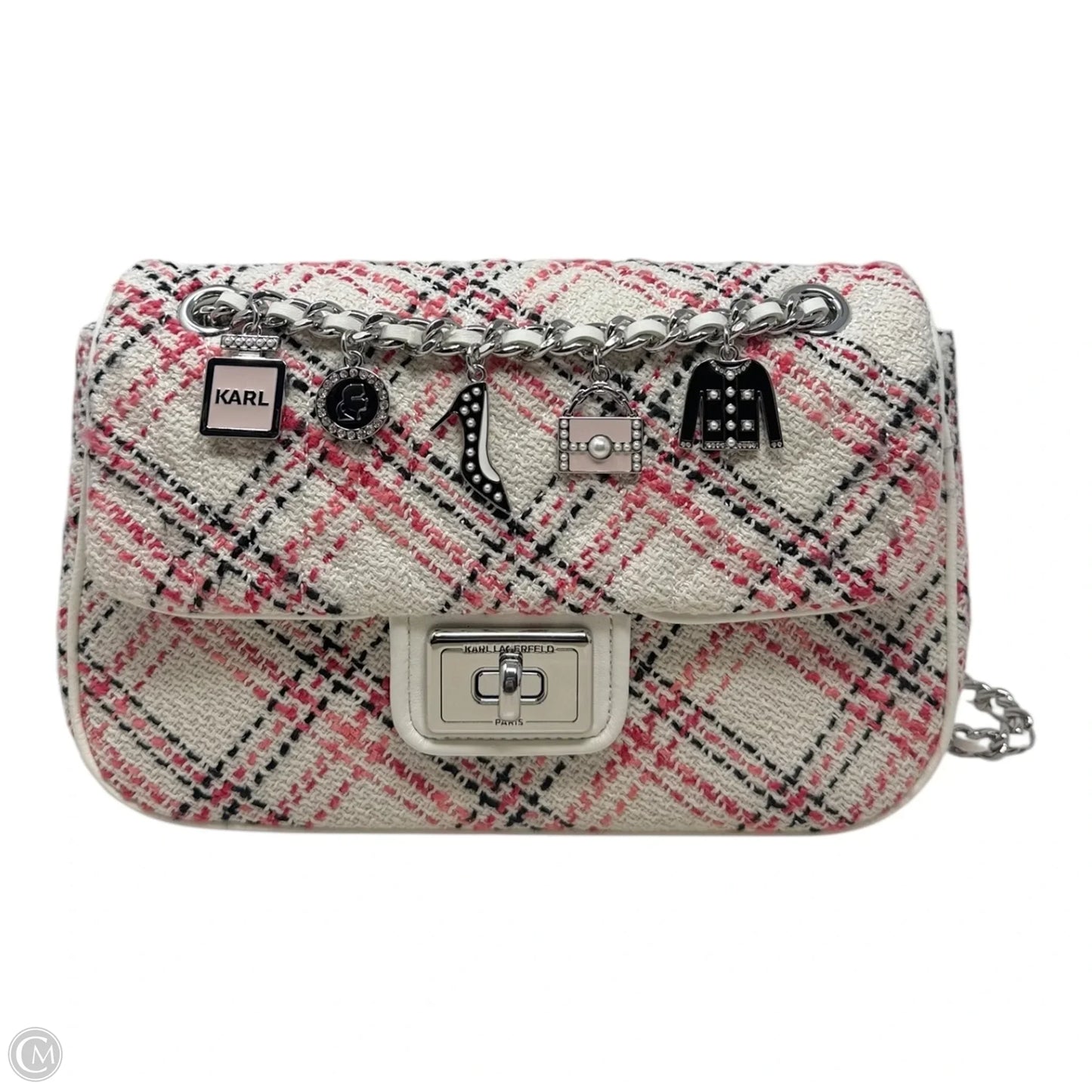 Agyness Tweed Charm Handbag Designer By Karl Lagerfeld, Size: Medium