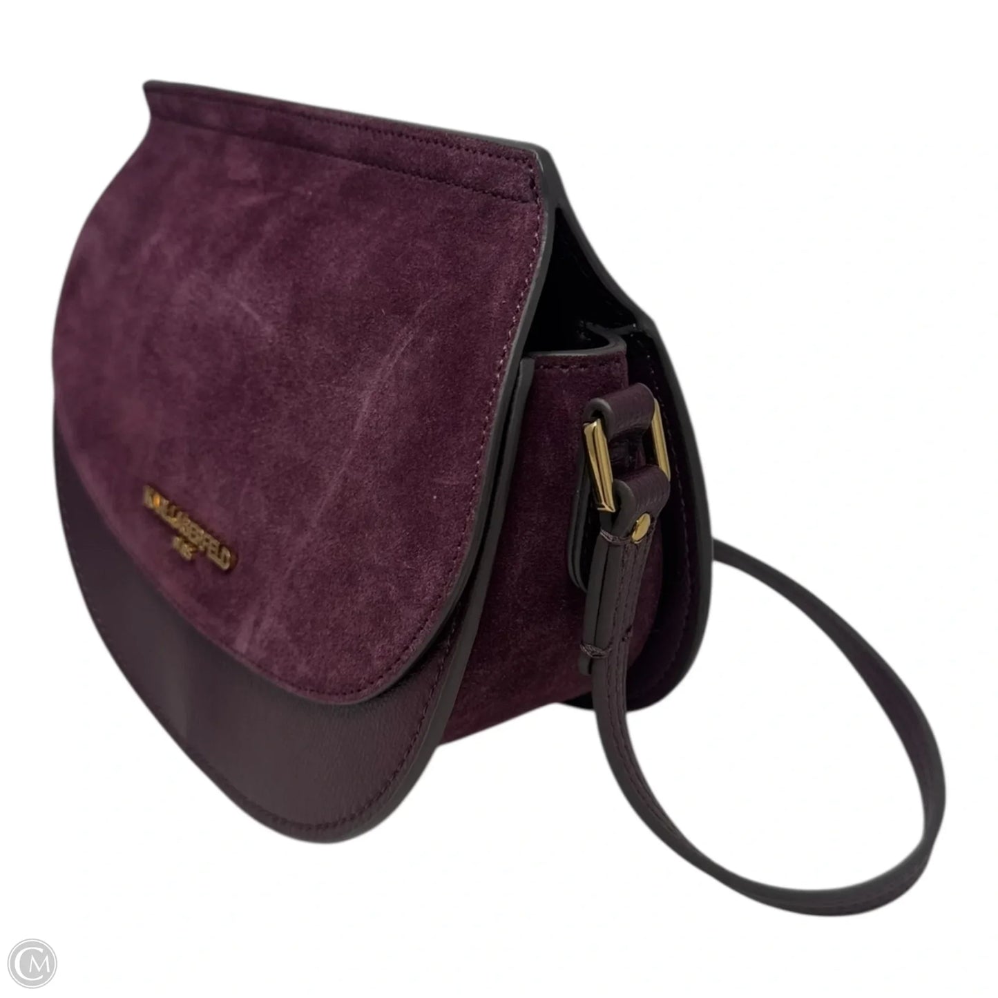 Suede Saddle Shoulder Handbag Designer By Karl Lagerfeld, Size: Small