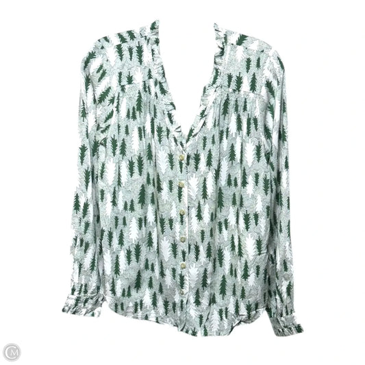 Tree Marisol Button Blouse Long Sleeve By Maeve In Green & White, Size: 2