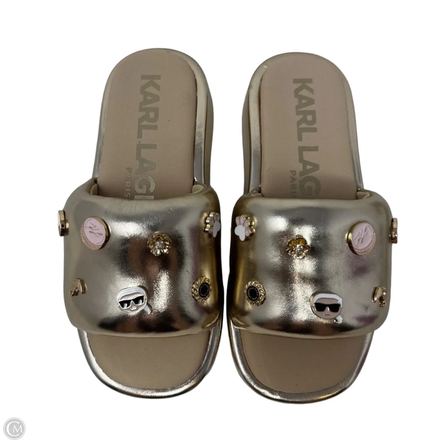 Opal Charm Metallic Slide Sandals Designer By Karl Lagerfeld In Gold, Size: 6.5