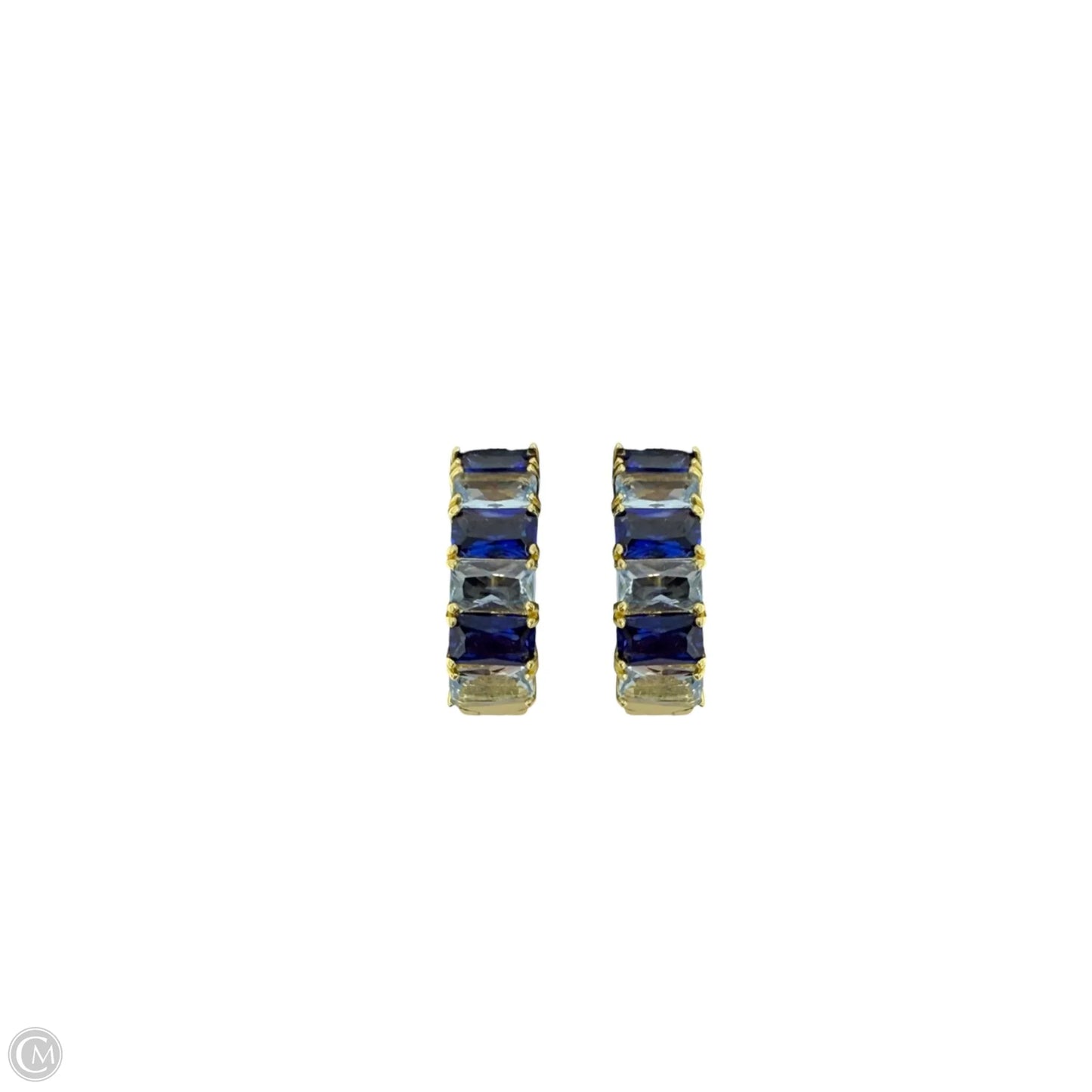 Gold Over Sterling Silver, Light & Dark Blue Baguette Gemstone Hinged Huggie Hoop Earrings By PAJ
