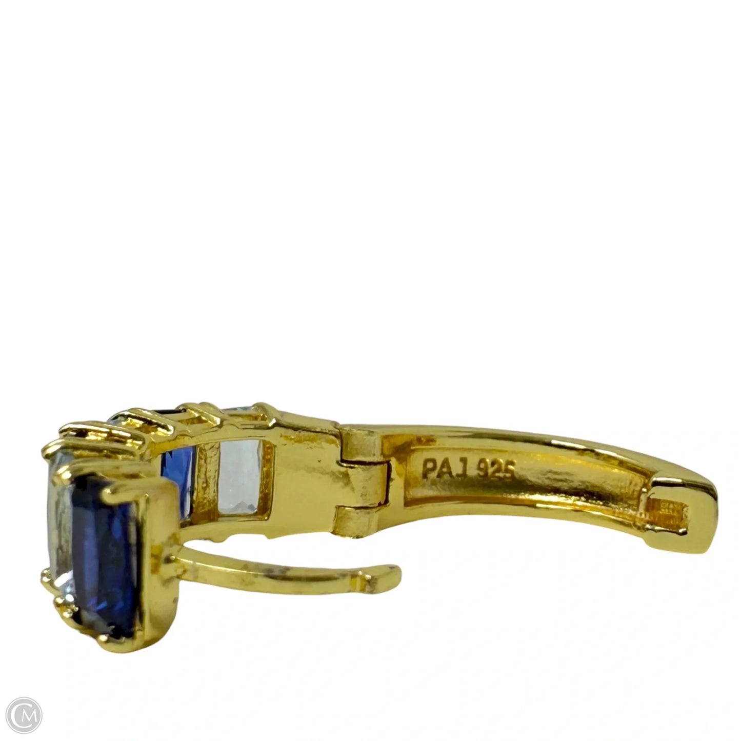 Gold Over Sterling Silver, Light & Dark Blue Baguette Gemstone Hinged Huggie Hoop Earrings By PAJ