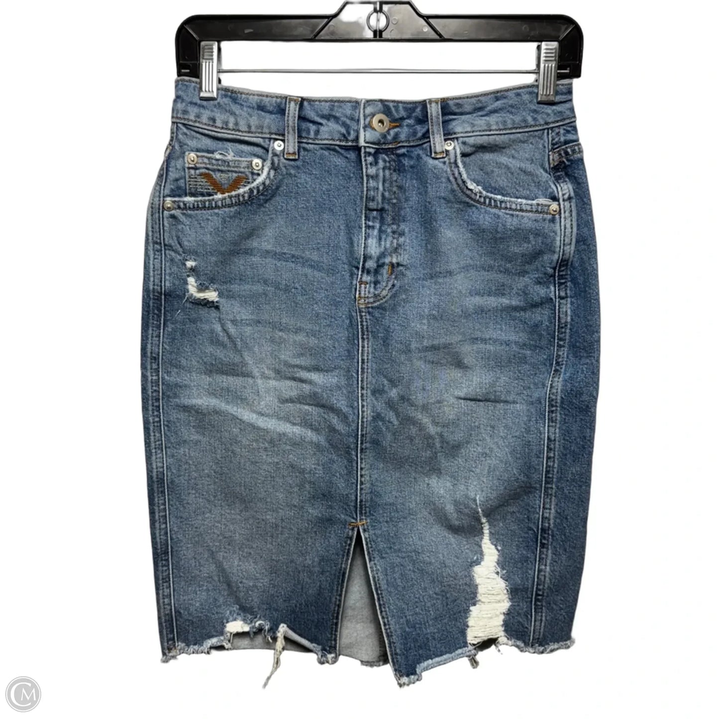 Distressed Front Slit Skirt Midi By Pilcro In Blue Denim, Size: 4