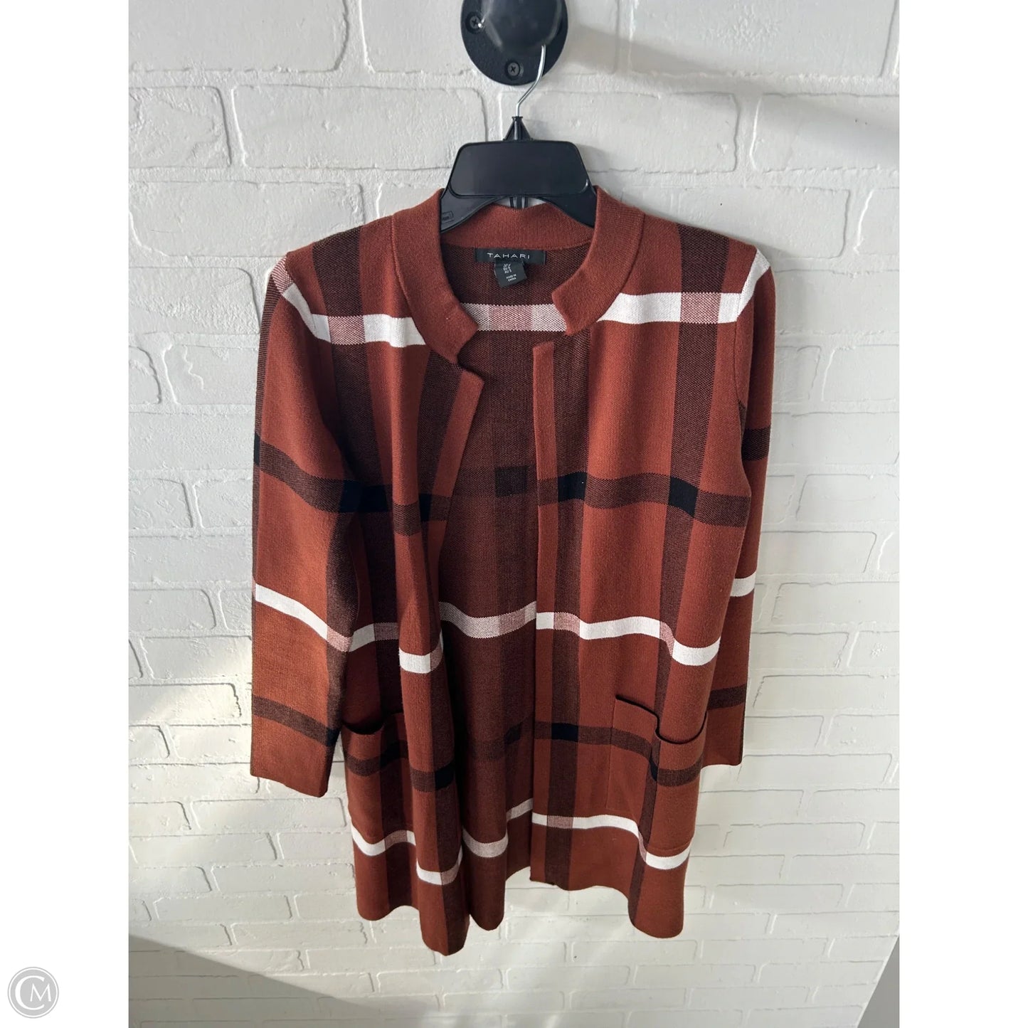 Sweater Cardigan By Tahari In Brown & White, Size: S