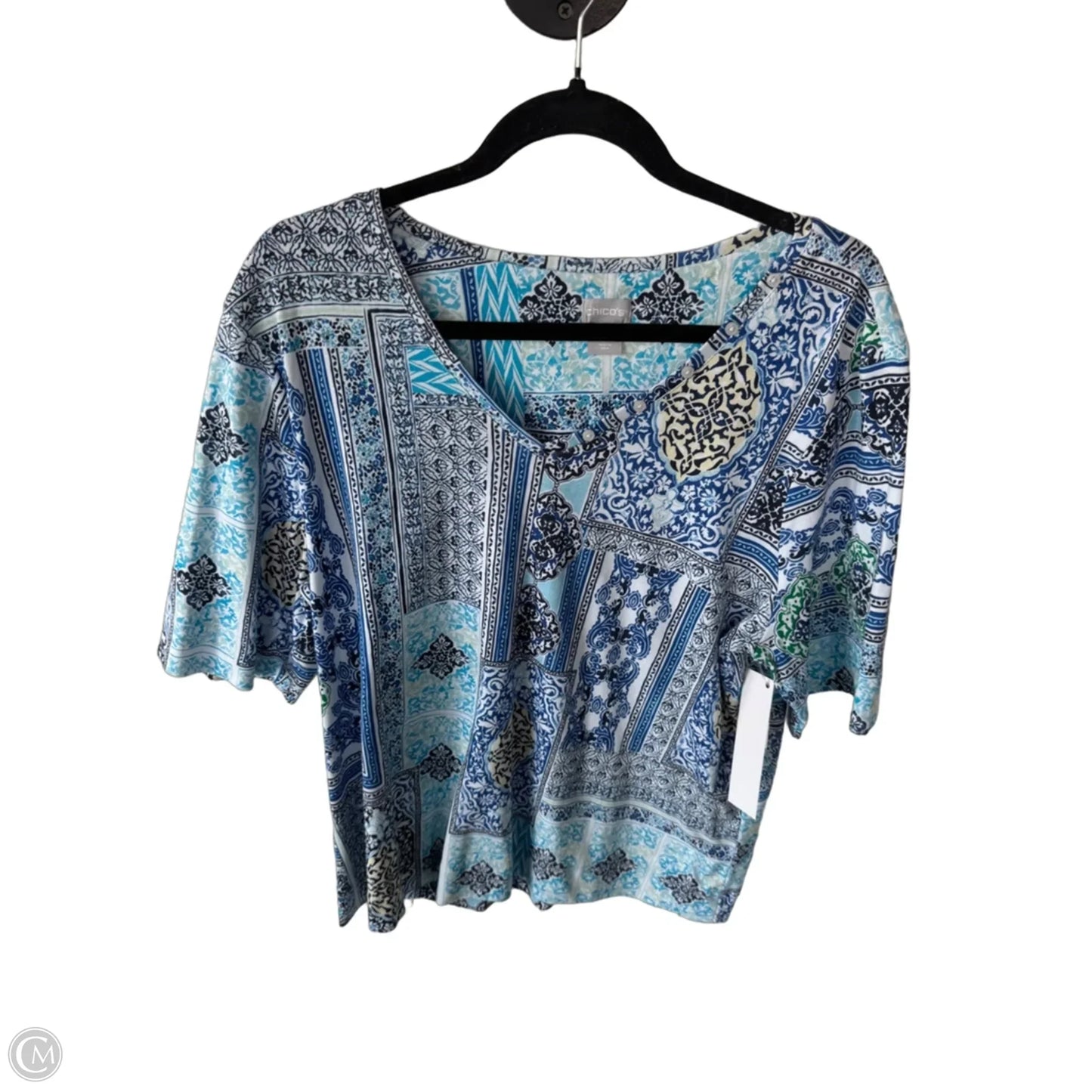 Top Short Sleeve By Chicos In Blue & White, Size: Xl