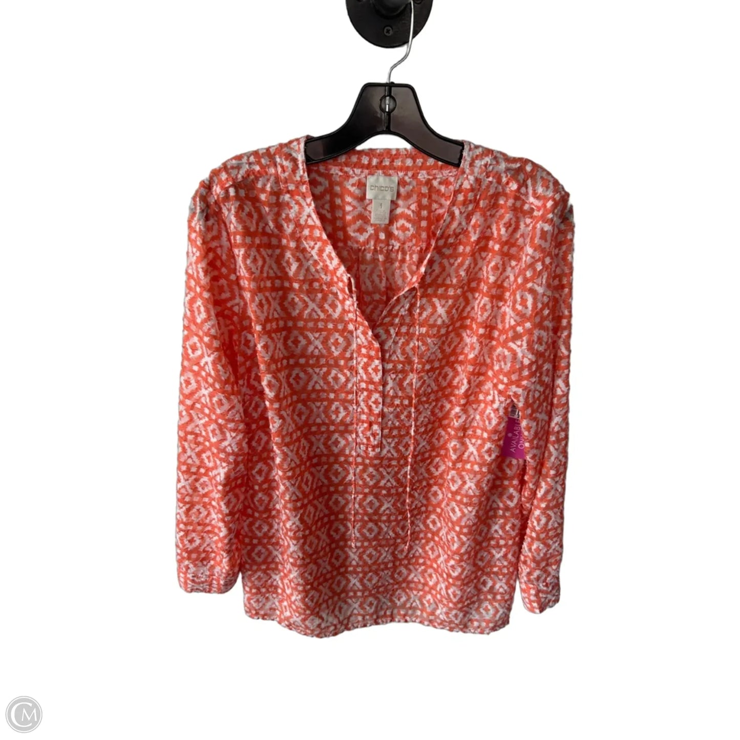 Tunic Long Sleeve By Chicos In Orange & White, Size: M
