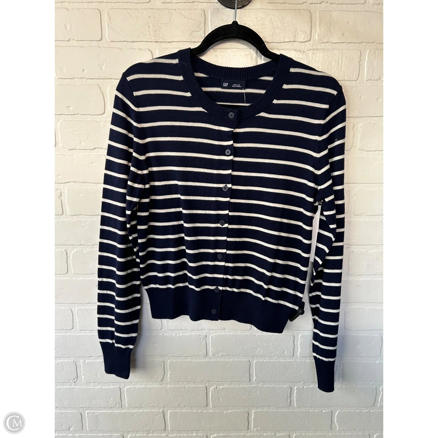 Sweater Cardigan By Gap In Blue & White, Size: M