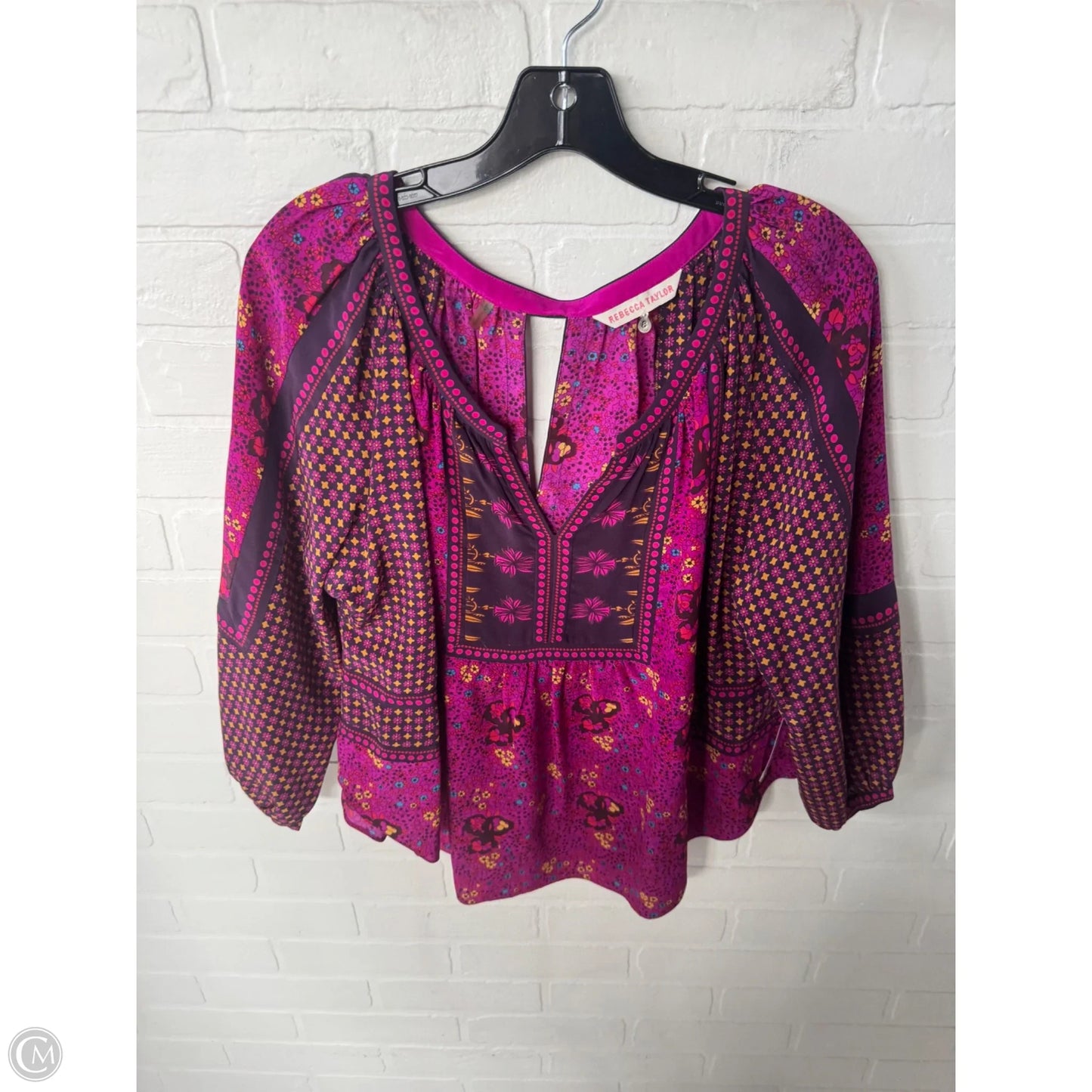 Top 3/4 Sleeve By Rebecca Taylor In Purple & Yellow, Size: M