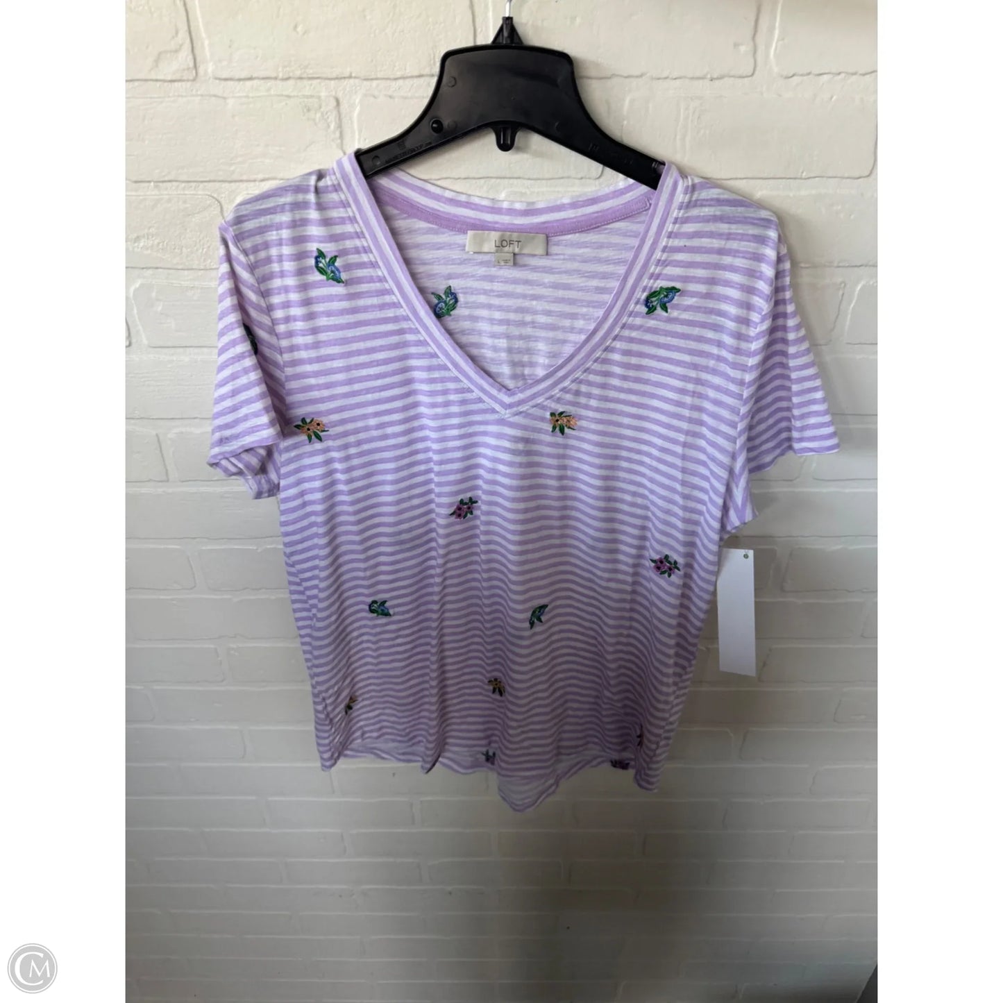 Top Short Sleeve By Loft In Purple & White, Size: L