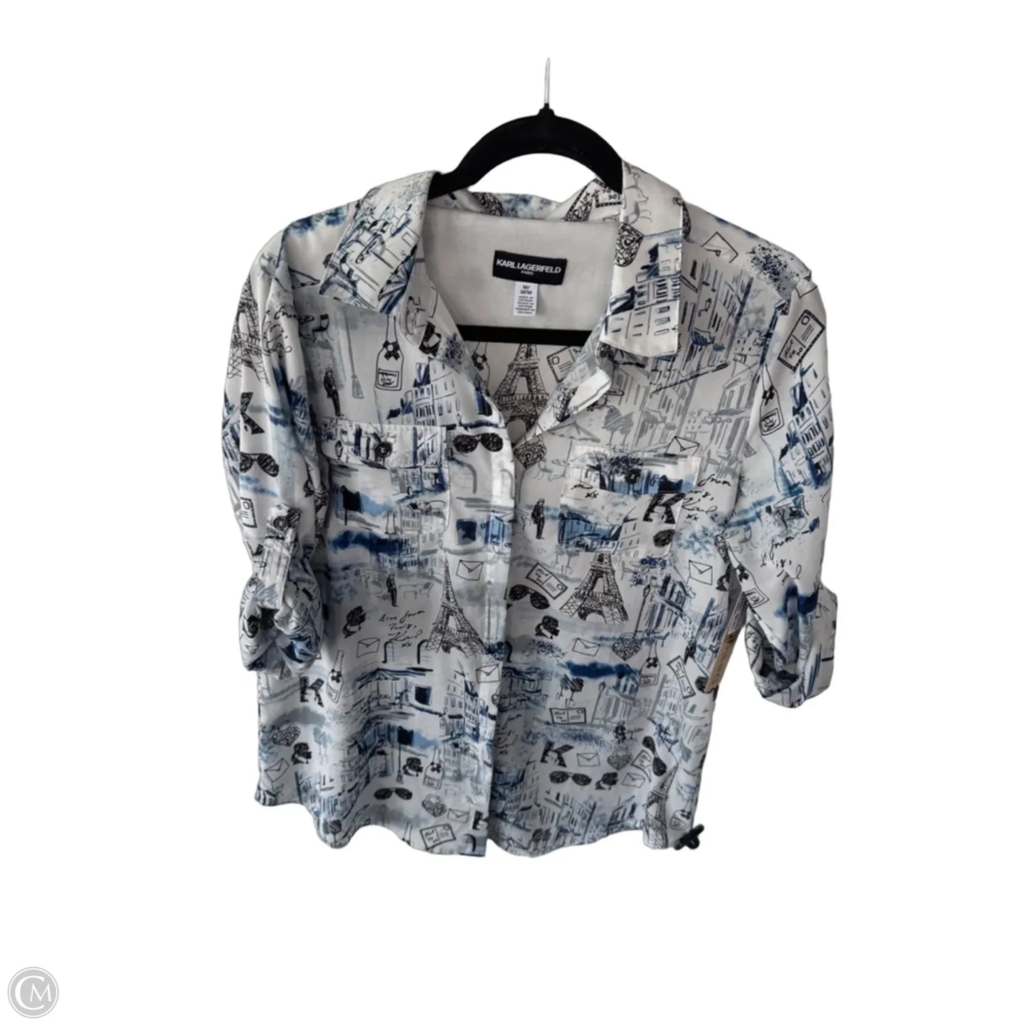 Top Long Sleeve Designer By Karl Lagerfeld In Blue & White, Size: M