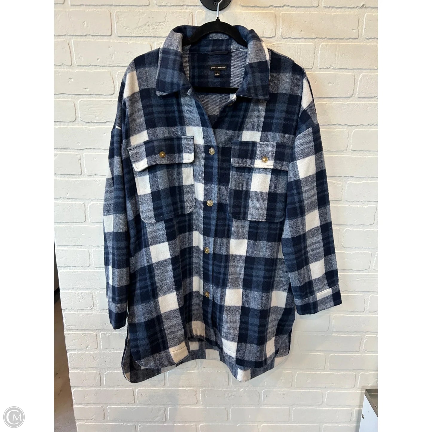 Jacket Shirt By Banana Republic In Blue & White, Size: L