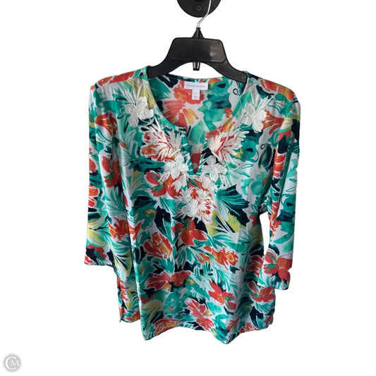 Top 3/4 Sleeve By Charter Club In Green & Orange, Size: L