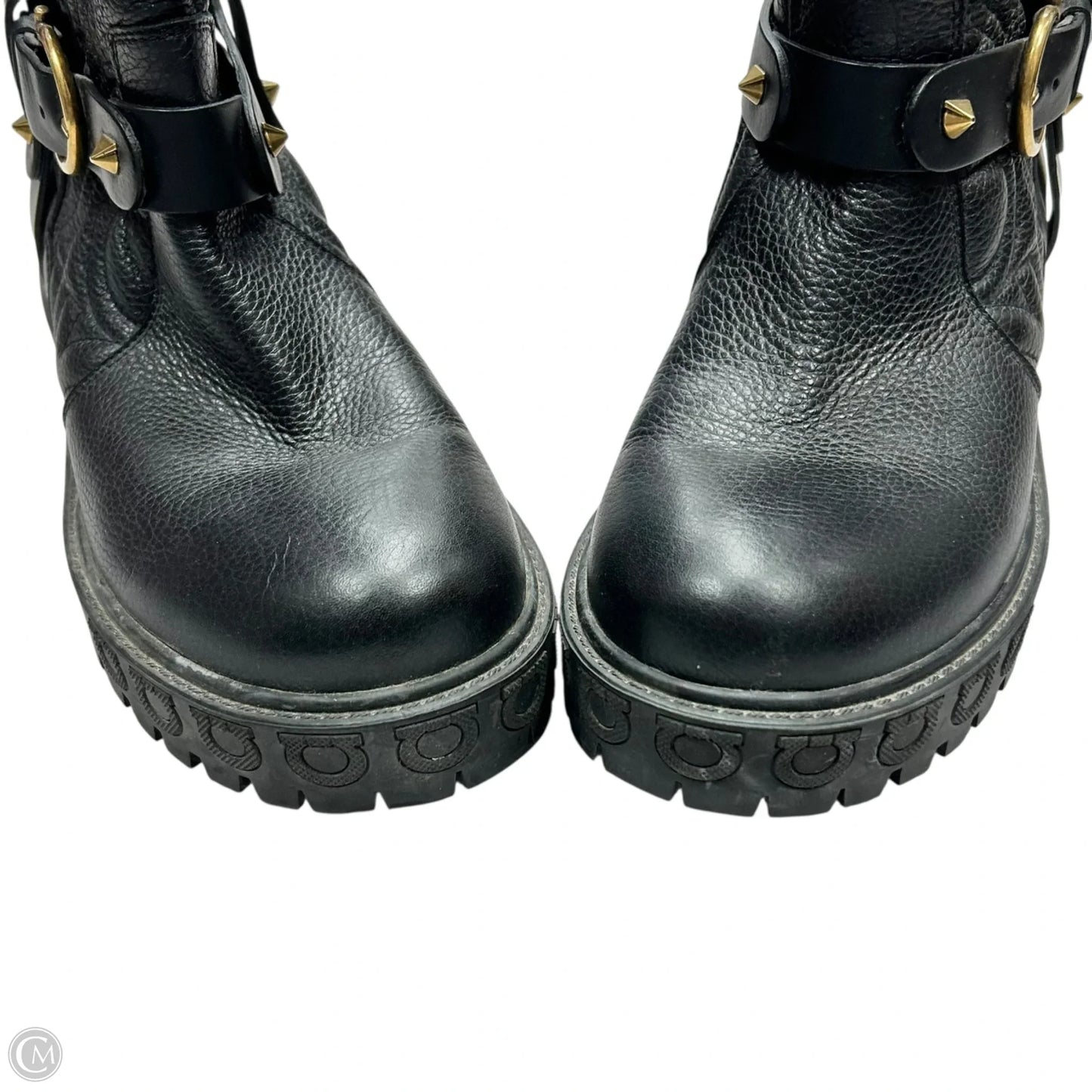 Boots Luxury Designer By Salvatore Ferragamo In Black Gold, Size: 6.5