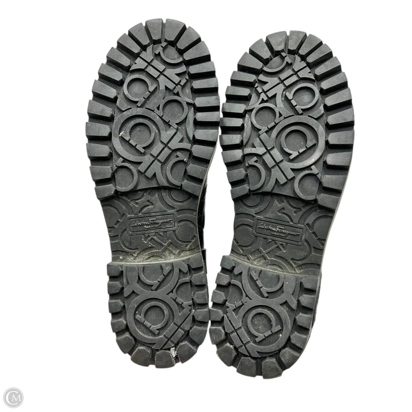 Boots Luxury Designer By Salvatore Ferragamo In Black Gold, Size: 6.5