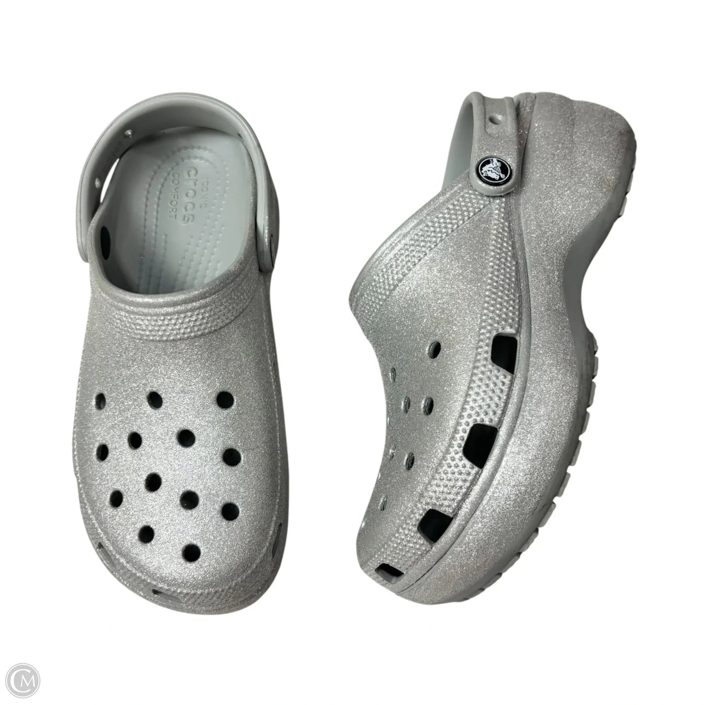 Shoes Flats By Crocs In Silver, Size: 8