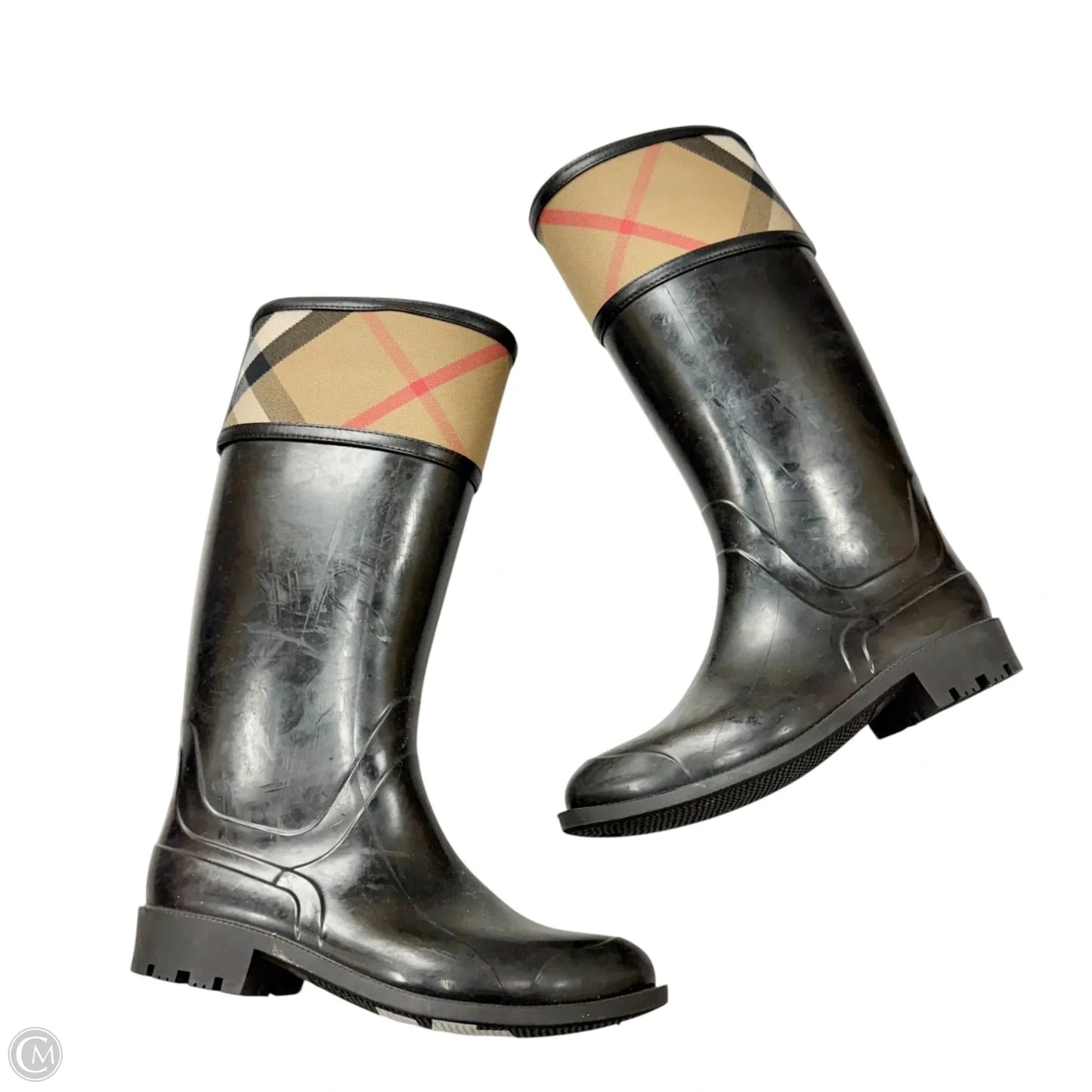 Boots Luxury Designer By Burberry In Plaid Pattern, Size: 6.5