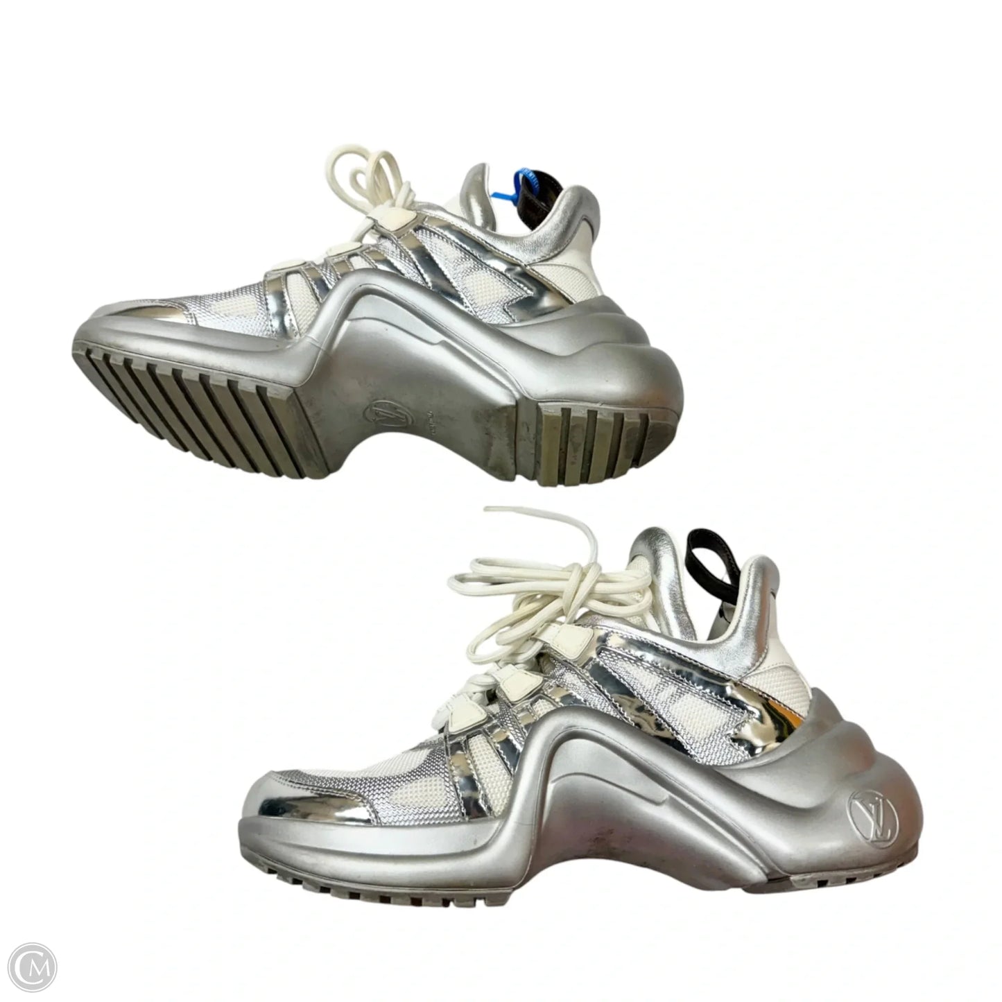 Shoes Luxury Designer By Louis Vuitton In Silver & White, Size: 6