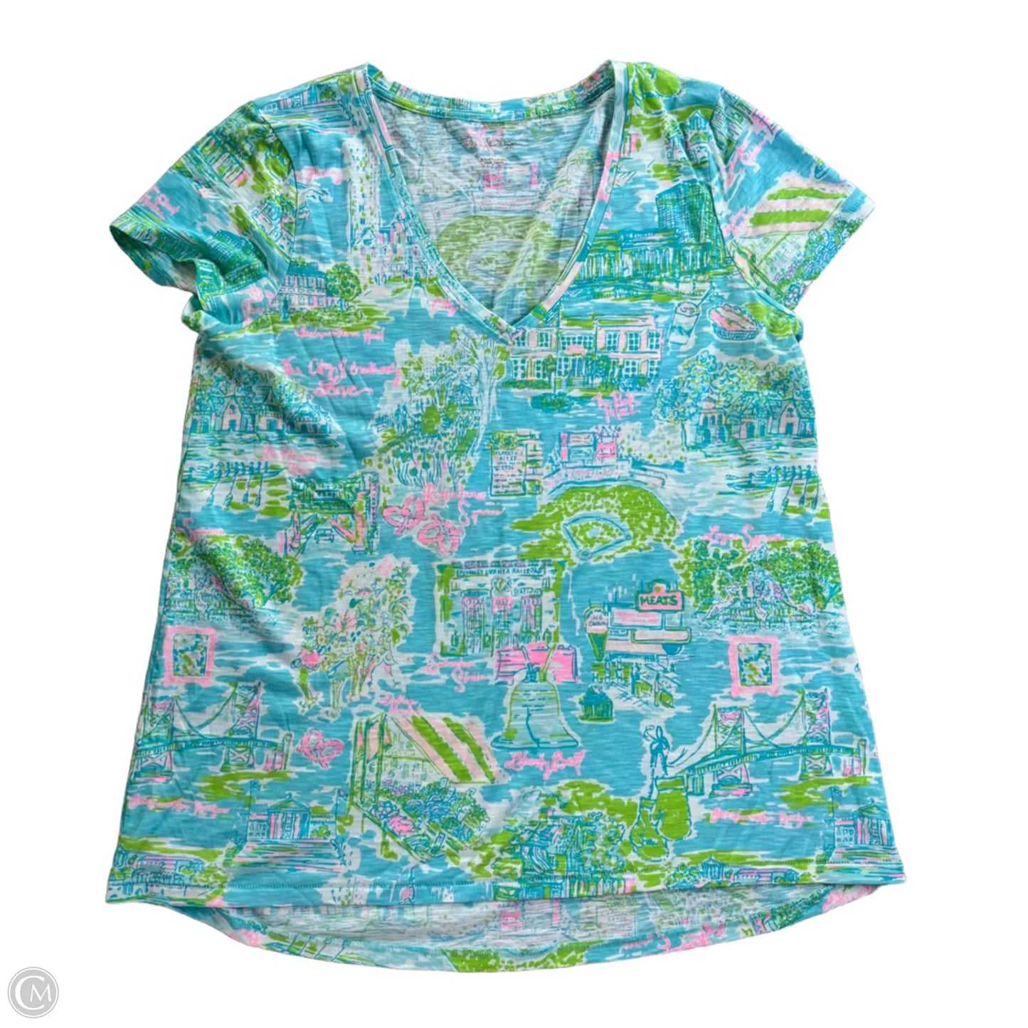 Top Short Sleeve Designer By Lilly Pulitzer In Blue & Green, Size: M
