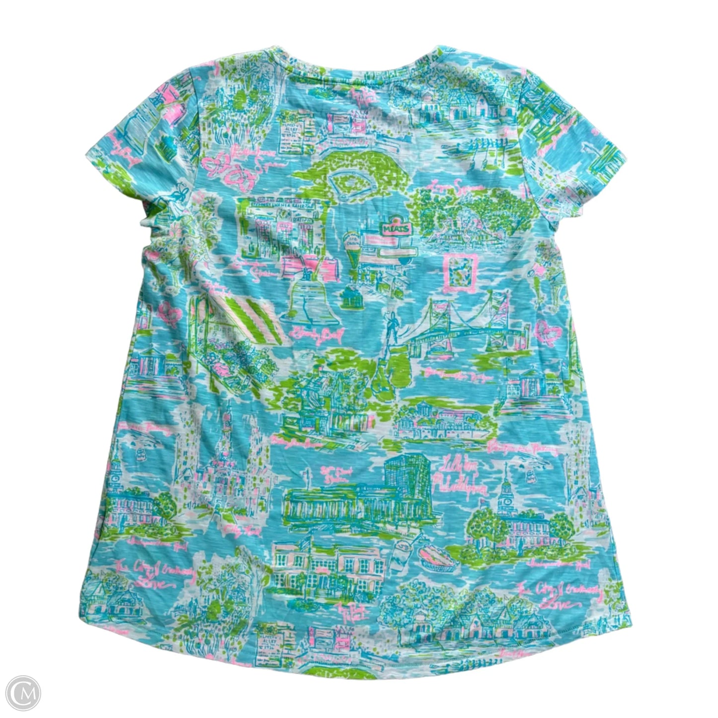 Top Short Sleeve Designer By Lilly Pulitzer In Blue & Green, Size: M