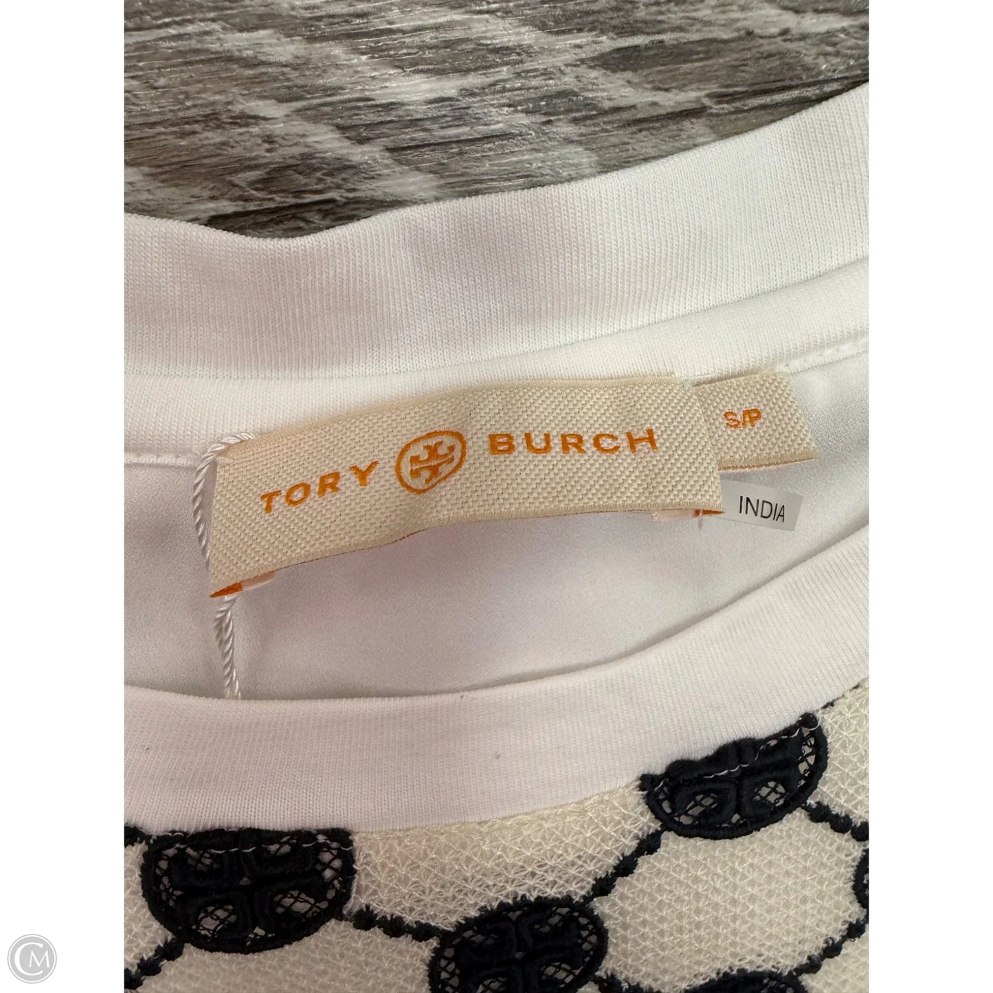Top Short Sleeve Designer By Tory Burch In Blue & Cream, Size: S