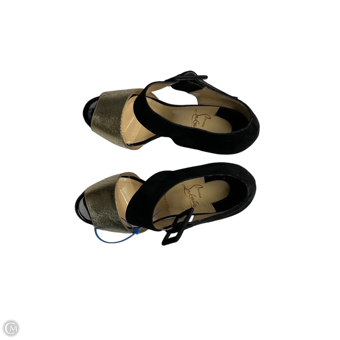 Shoes Luxury Designer By Christian Louboutin In Black & Gold, Size: 9