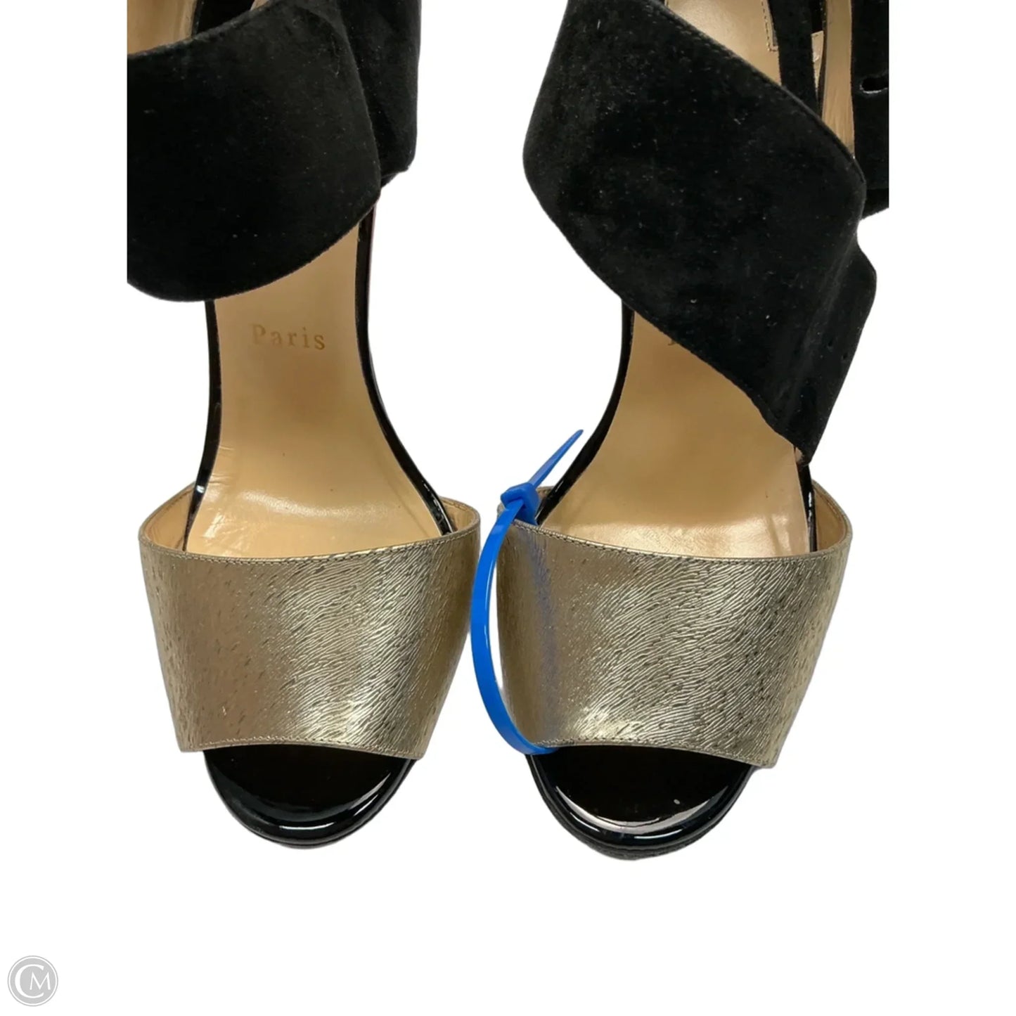 Shoes Luxury Designer By Christian Louboutin In Black & Gold, Size: 9