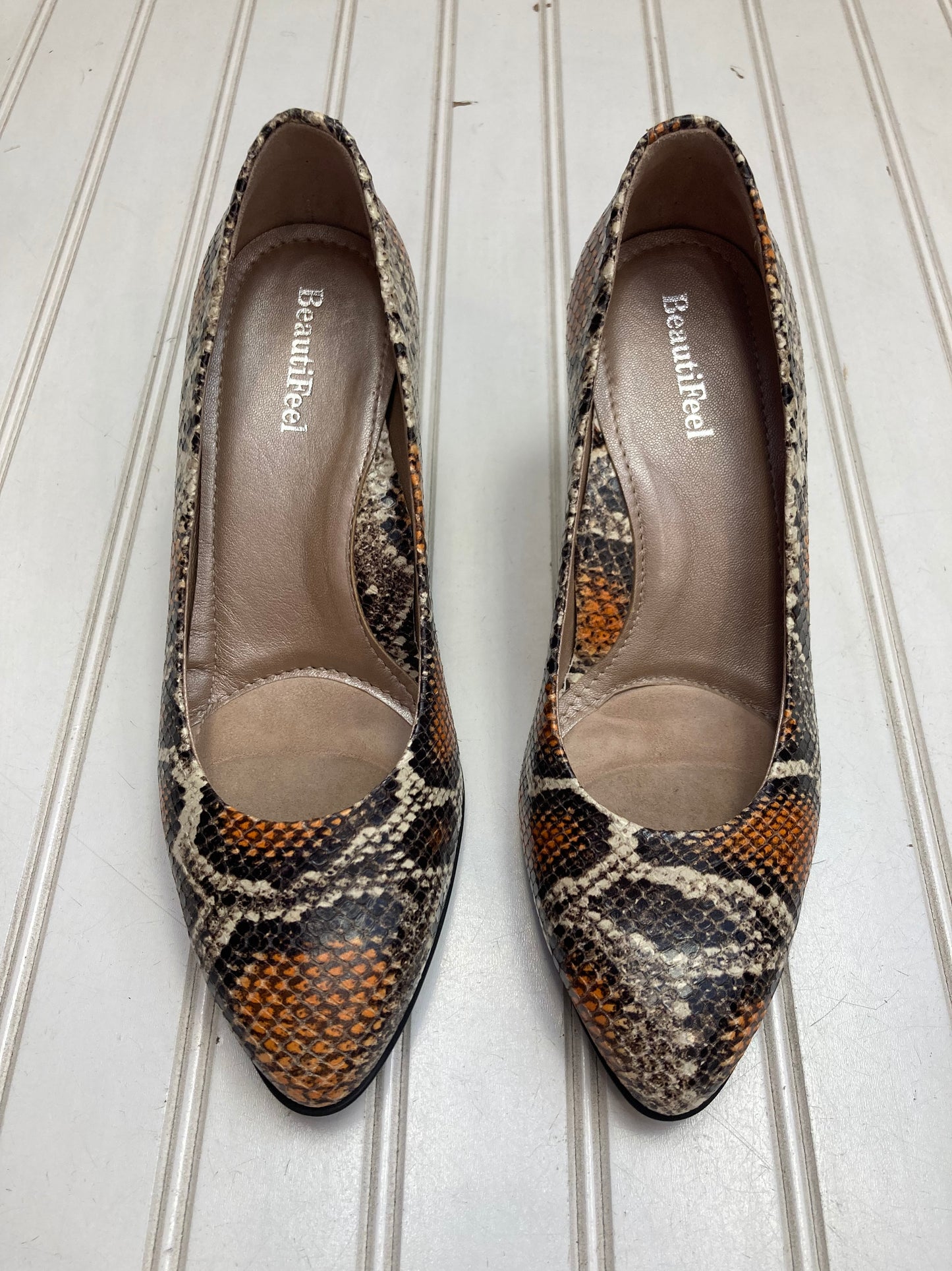 Snakeskin Print Shoes Heels Kitten BeautiFeel, Size 6.5