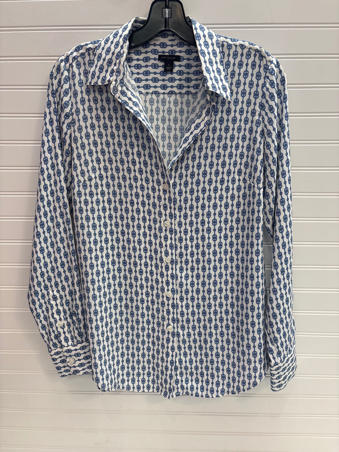 Blouse Long Sleeve By Ann Taylor In Blue & White, Size: 4