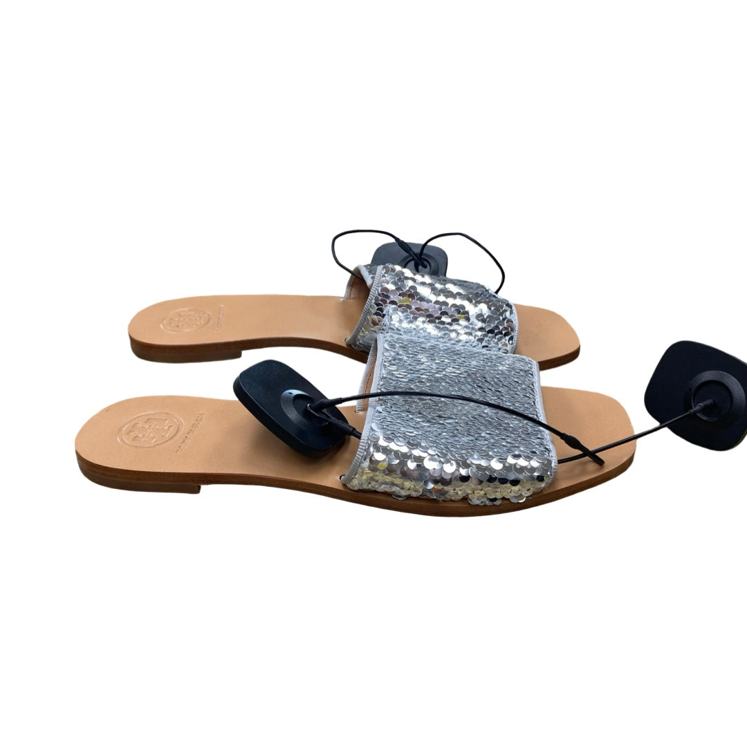 Sandals Designer By Tory Burch In Silver & Tan, Size:6.5